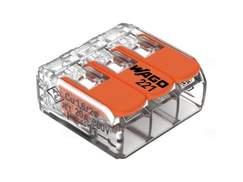 WAGO 221-413 vezeték összekötő sodrott 3-as, átlátszó 0,2-4mm2, 32A