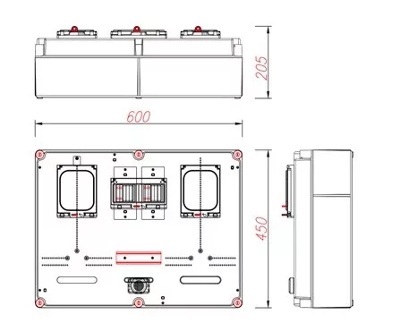 Csatári Plast egy felhasználási helyes M63A és V32A csoportos mérés modul, felületre szerelt kivitelben, alacsony fedéllel, szellőzővel PVT 6045 Á-V Fm-CS-U